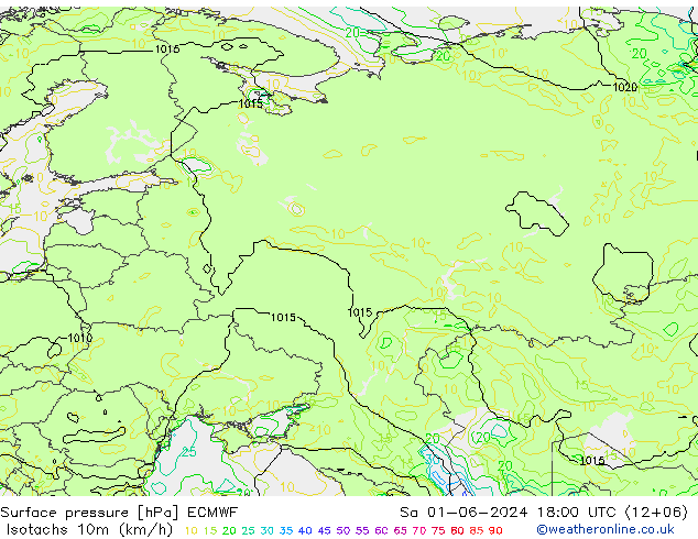 Isotachen (km/h) ECMWF Sa 01.06.2024 18 UTC
