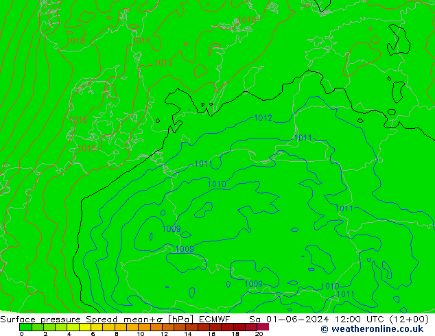 Surface pressure Spread ECMWF Sa 01.06.2024 12 UTC