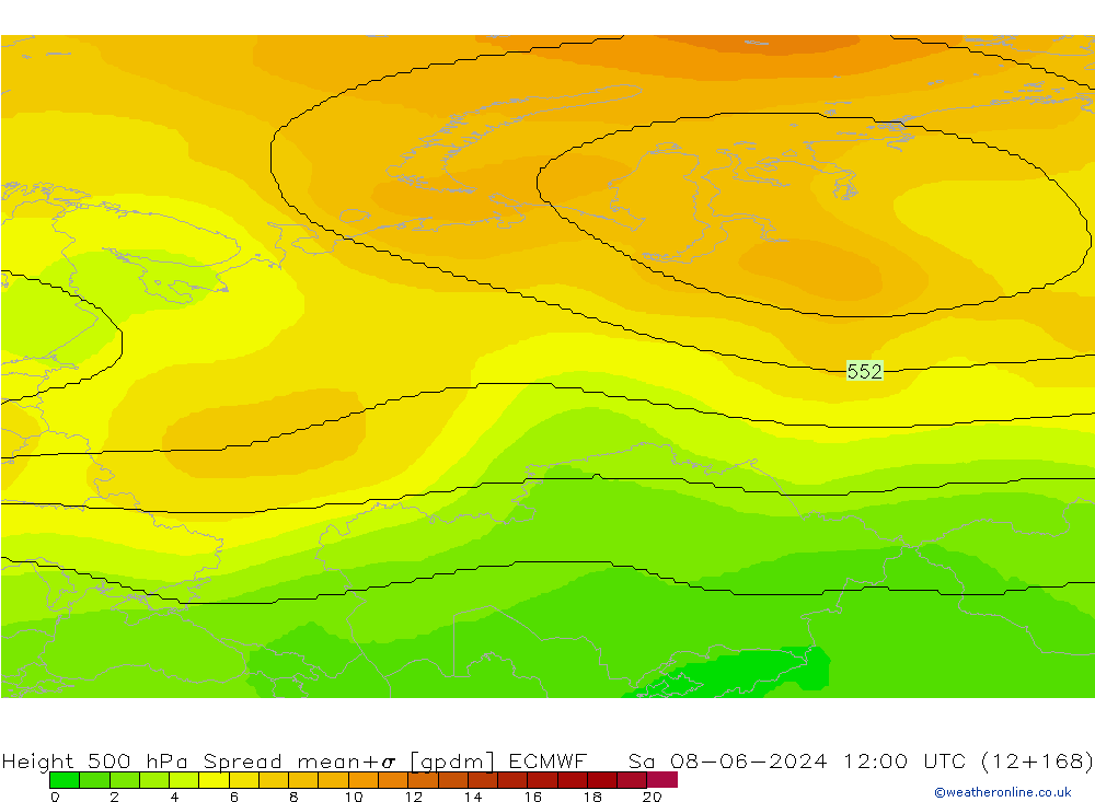 Height 500 hPa Spread ECMWF Sa 08.06.2024 12 UTC