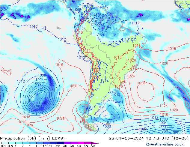 Precipitation (6h) ECMWF So 01.06.2024 18 UTC