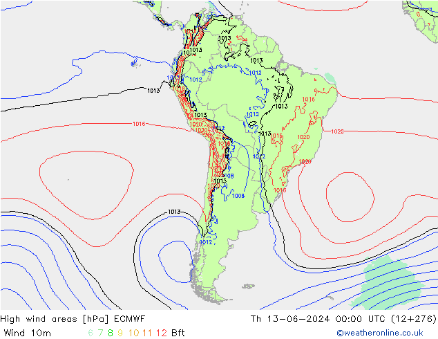 Izotacha ECMWF czw. 13.06.2024 00 UTC