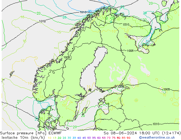 Isotachs (kph) ECMWF Sáb 08.06.2024 18 UTC