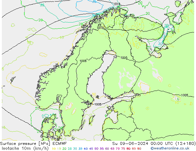 Isotachs (kph) ECMWF Su 09.06.2024 00 UTC