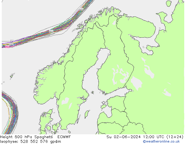 Height 500 гПа Spaghetti ECMWF Вс 02.06.2024 12 UTC