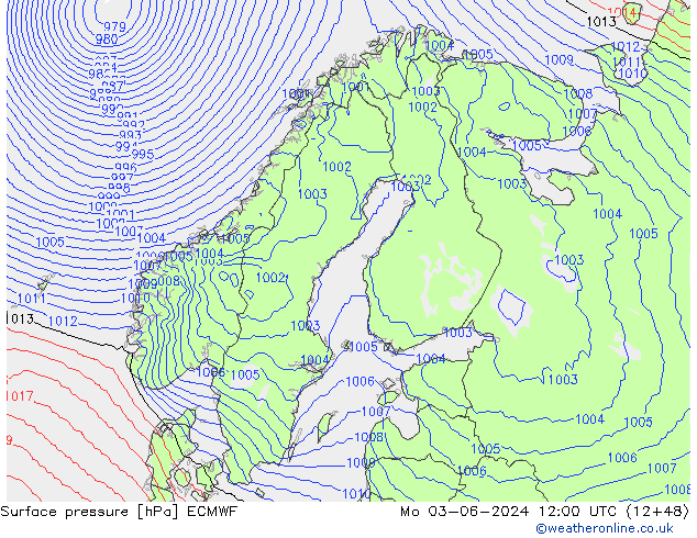 Surface pressure ECMWF Mo 03.06.2024 12 UTC