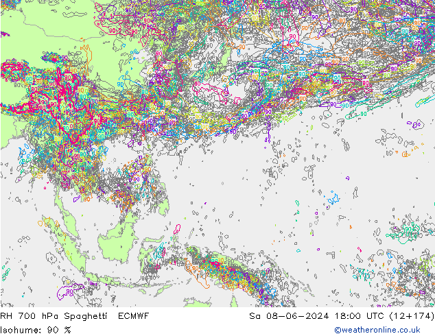 RH 700 hPa Spaghetti ECMWF so. 08.06.2024 18 UTC