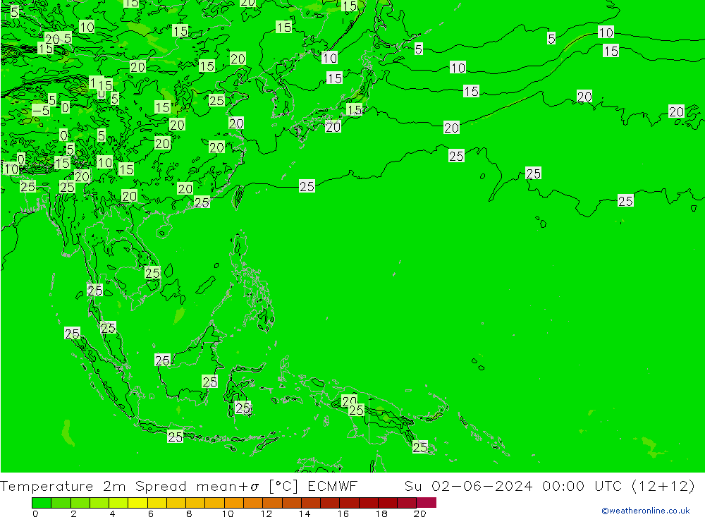Temperature 2m Spread ECMWF Su 02.06.2024 00 UTC