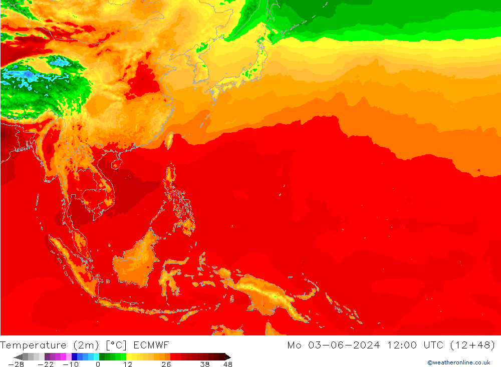 mapa temperatury (2m) ECMWF pon. 03.06.2024 12 UTC