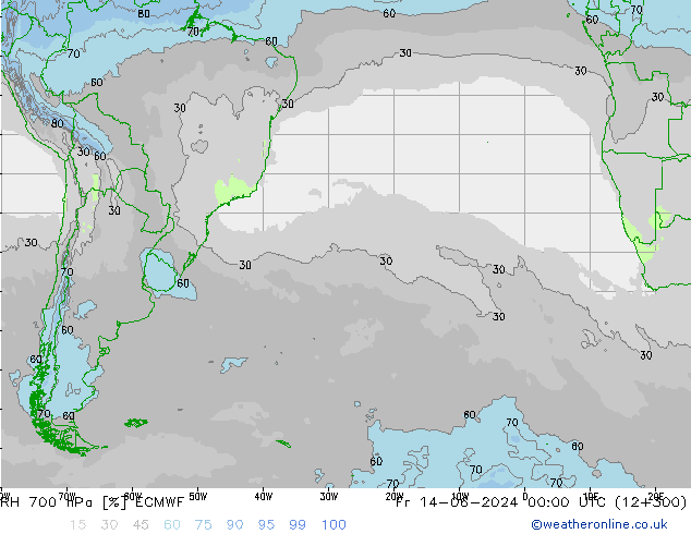 Humedad rel. 700hPa ECMWF vie 14.06.2024 00 UTC