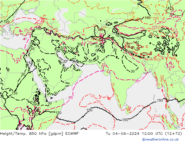 Height/Temp. 850 гПа ECMWF вт 04.06.2024 12 UTC