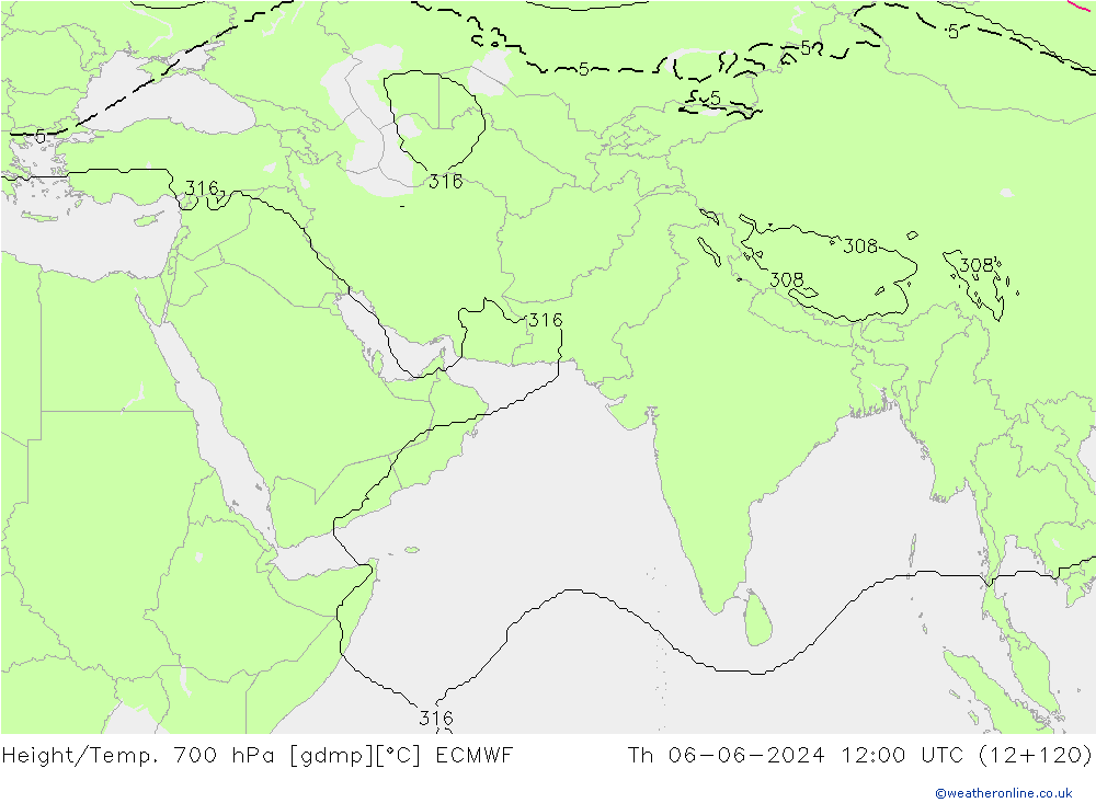 Geop./Temp. 700 hPa ECMWF jue 06.06.2024 12 UTC