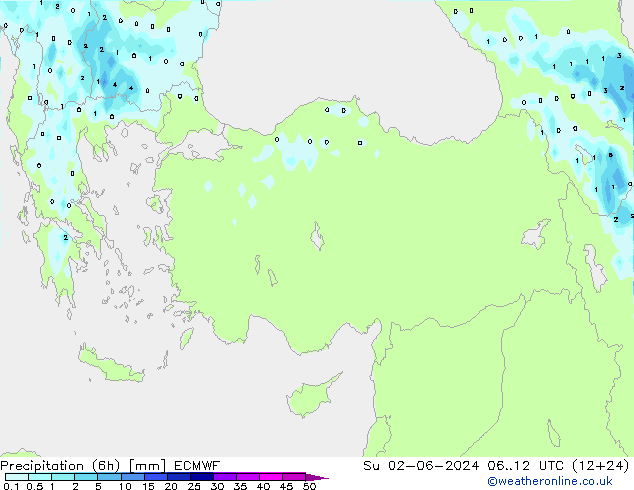 Precipitation (6h) ECMWF Su 02.06.2024 12 UTC