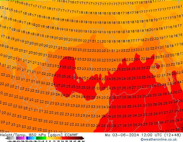 Height/Temp. 850 hPa ECMWF Mo 03.06.2024 12 UTC