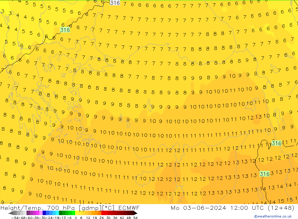 Height/Temp. 700 hPa ECMWF pon. 03.06.2024 12 UTC