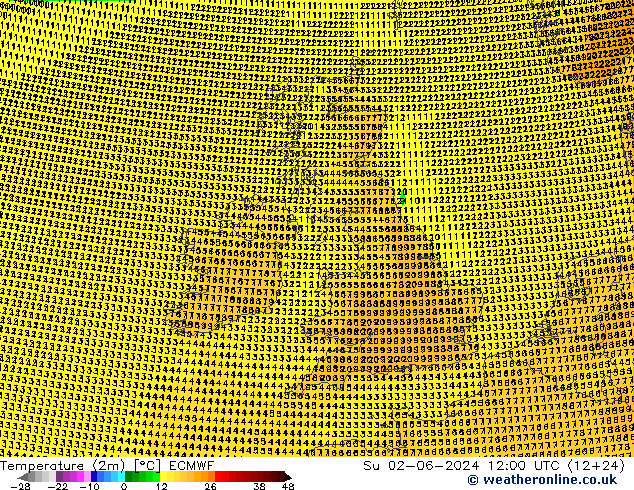 Temperatuurkaart (2m) ECMWF zo 02.06.2024 12 UTC