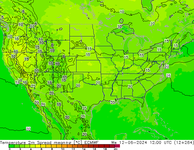 Temperatuurkaart Spread ECMWF wo 12.06.2024 12 UTC