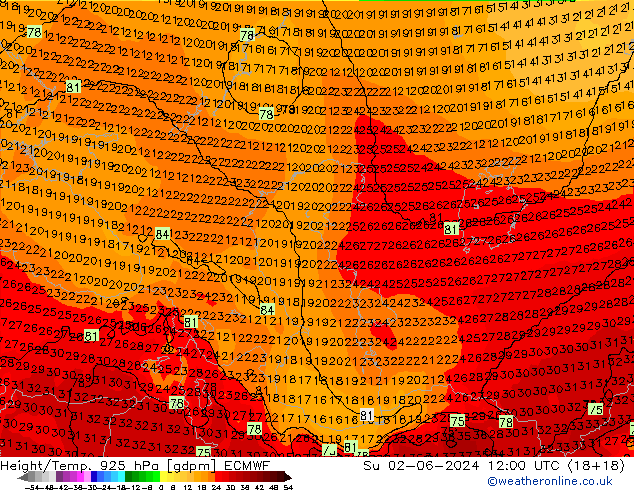 Géop./Temp. 925 hPa ECMWF dim 02.06.2024 12 UTC