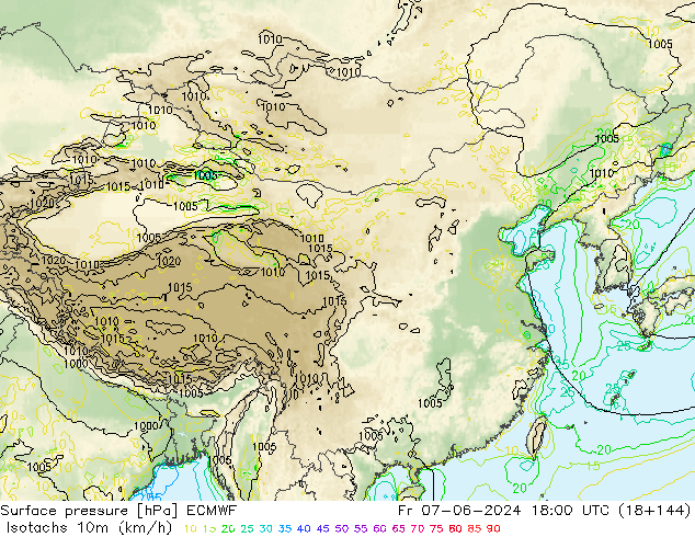 10米等风速线 (kph) ECMWF 星期五 07.06.2024 18 UTC