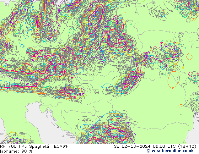 Humidité rel. 700 hPa Spaghetti ECMWF dim 02.06.2024 06 UTC