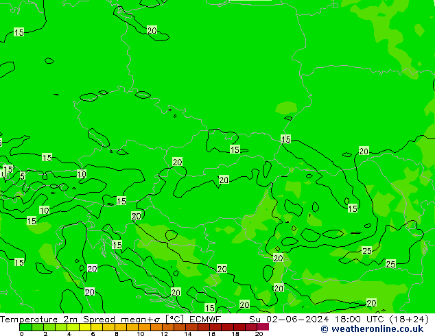 Temperatuurkaart Spread ECMWF zo 02.06.2024 18 UTC