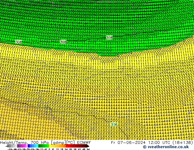 Height/Temp. 700 hPa ECMWF ven 07.06.2024 12 UTC
