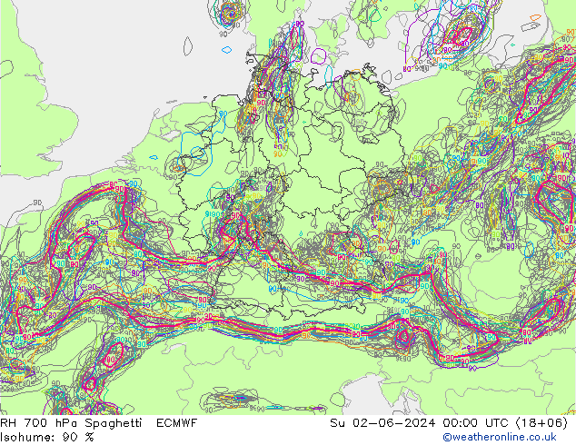 RH 700 hPa Spaghetti ECMWF So 02.06.2024 00 UTC