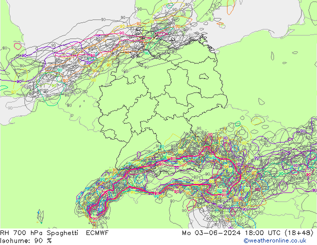 RH 700 hPa Spaghetti ECMWF Mo 03.06.2024 18 UTC