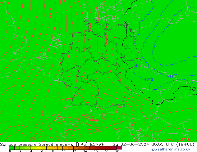 Atmosférický tlak Spread ECMWF Ne 02.06.2024 00 UTC