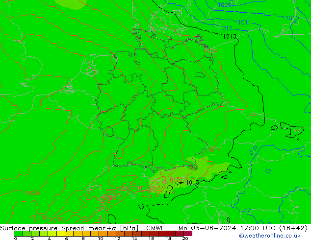 Surface pressure Spread ECMWF Mo 03.06.2024 12 UTC