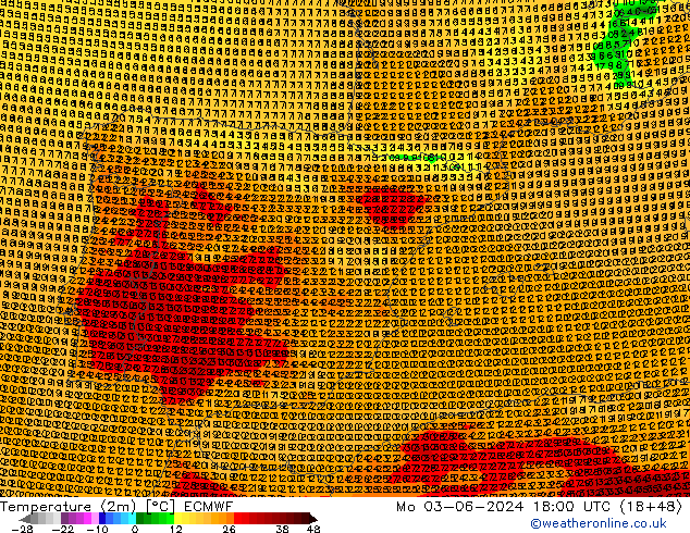 Temperatura (2m) ECMWF Seg 03.06.2024 18 UTC