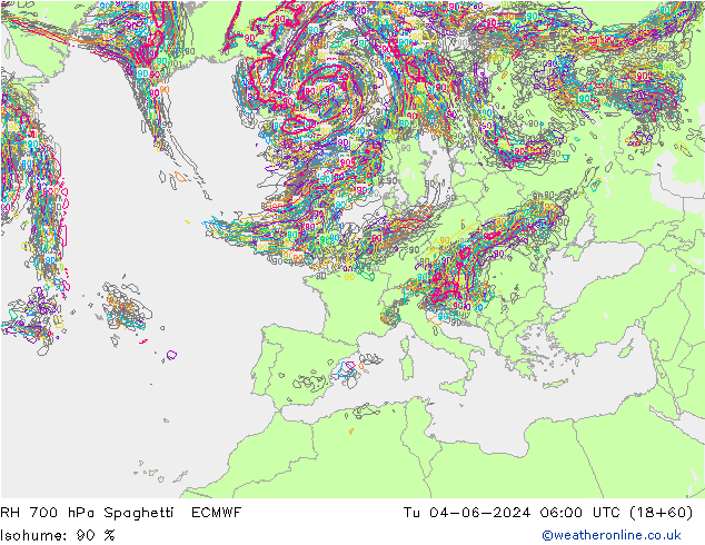 RH 700 hPa Spaghetti ECMWF Di 04.06.2024 06 UTC