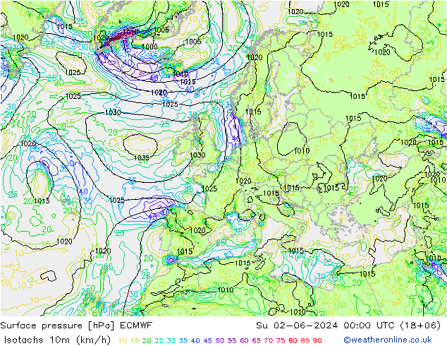 Isotachs (kph) ECMWF Su 02.06.2024 00 UTC