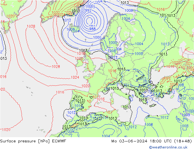 Bodendruck ECMWF Mo 03.06.2024 18 UTC