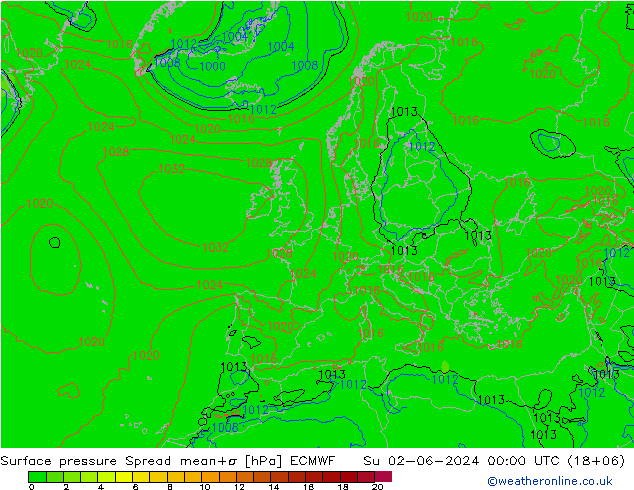 Surface pressure Spread ECMWF Su 02.06.2024 00 UTC