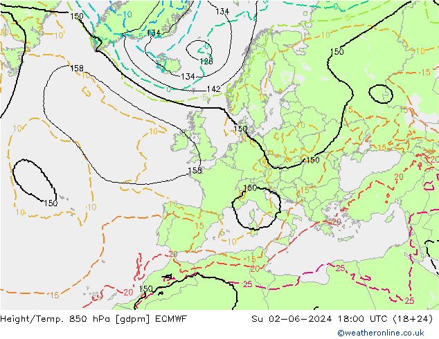 Height/Temp. 850 hPa ECMWF Su 02.06.2024 18 UTC