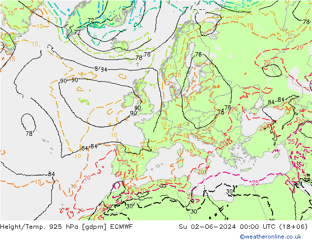 Height/Temp. 925 hPa ECMWF So 02.06.2024 00 UTC