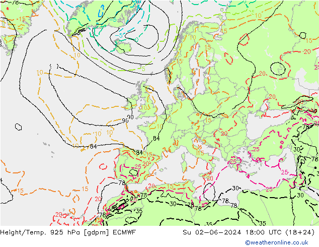 Height/Temp. 925 hPa ECMWF So 02.06.2024 18 UTC