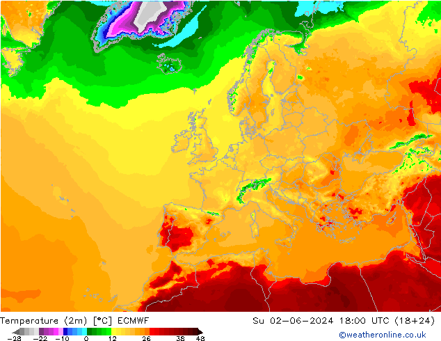 Temperatura (2m) ECMWF dom 02.06.2024 18 UTC