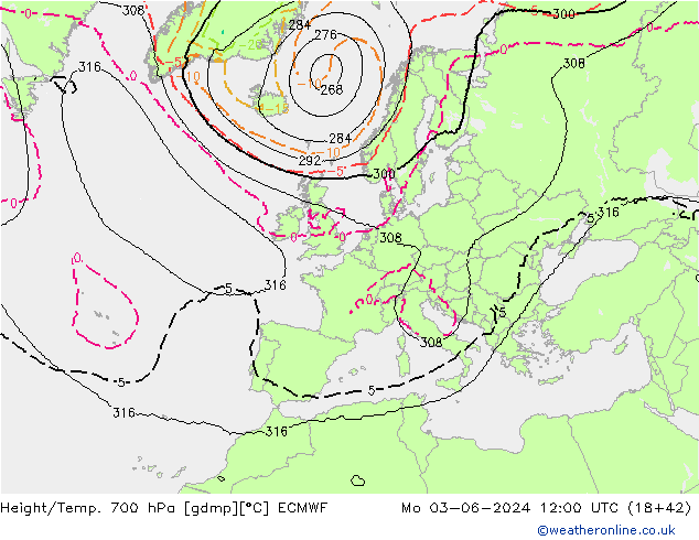 Height/Temp. 700 hPa ECMWF Mo 03.06.2024 12 UTC