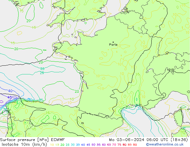 Isotachs (kph) ECMWF Mo 03.06.2024 06 UTC