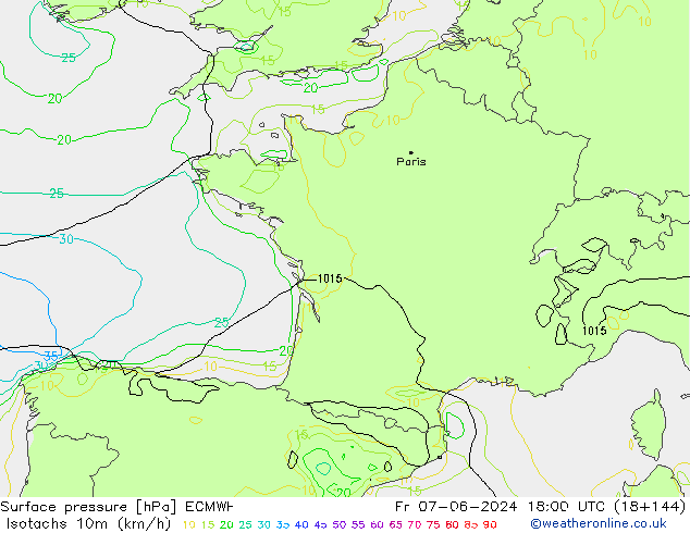 Isotachen (km/h) ECMWF vr 07.06.2024 18 UTC