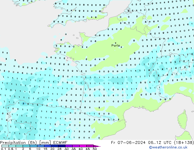 Precipitazione (6h) ECMWF ven 07.06.2024 12 UTC