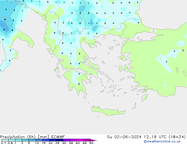 Precipitation (6h) ECMWF Su 02.06.2024 18 UTC