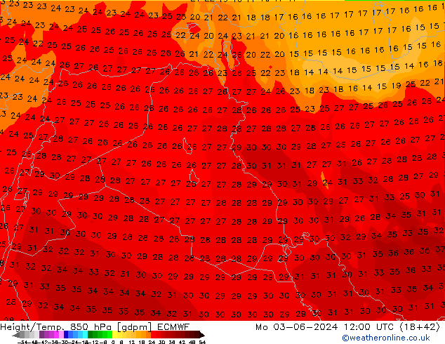 Hoogte/Temp. 850 hPa ECMWF ma 03.06.2024 12 UTC