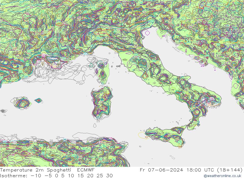 Temperature 2m Spaghetti ECMWF Fr 07.06.2024 18 UTC