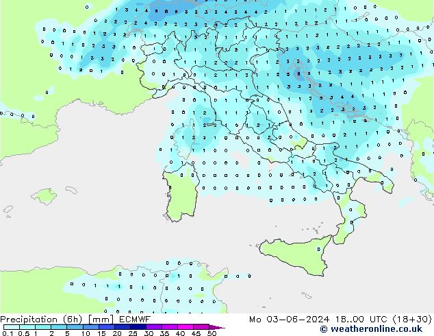 Precipitation (6h) ECMWF Mo 03.06.2024 00 UTC