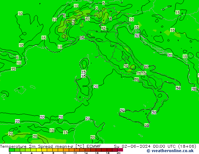 Temperatuurkaart Spread ECMWF zo 02.06.2024 00 UTC
