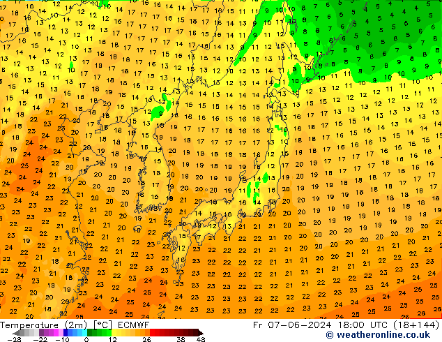 карта температуры ECMWF пт 07.06.2024 18 UTC