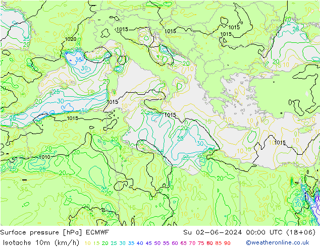 Eşrüzgar Hızları (km/sa) ECMWF Paz 02.06.2024 00 UTC
