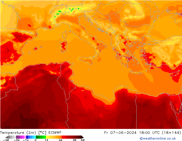 mapa temperatury (2m) ECMWF pt. 07.06.2024 18 UTC